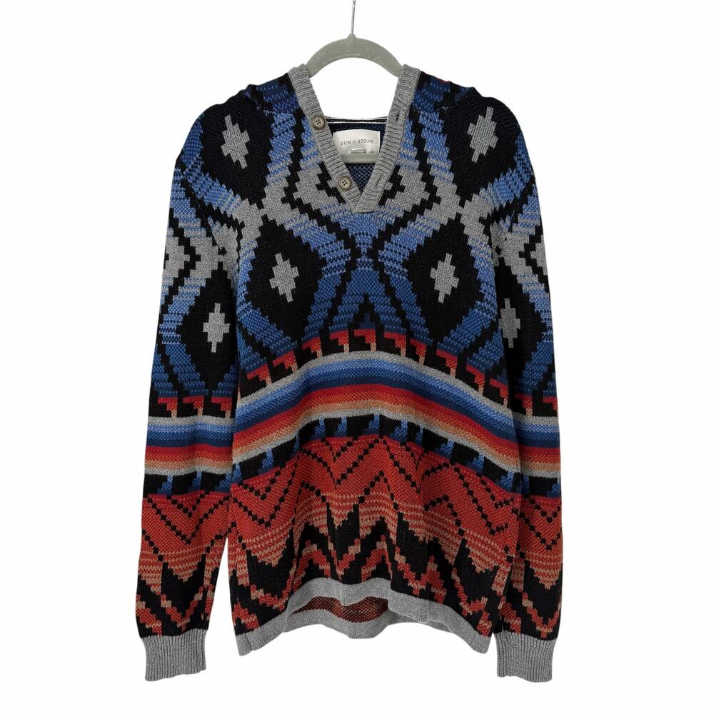 Sun & Stone Aztec Pullover Hooded Sweater Size Medium